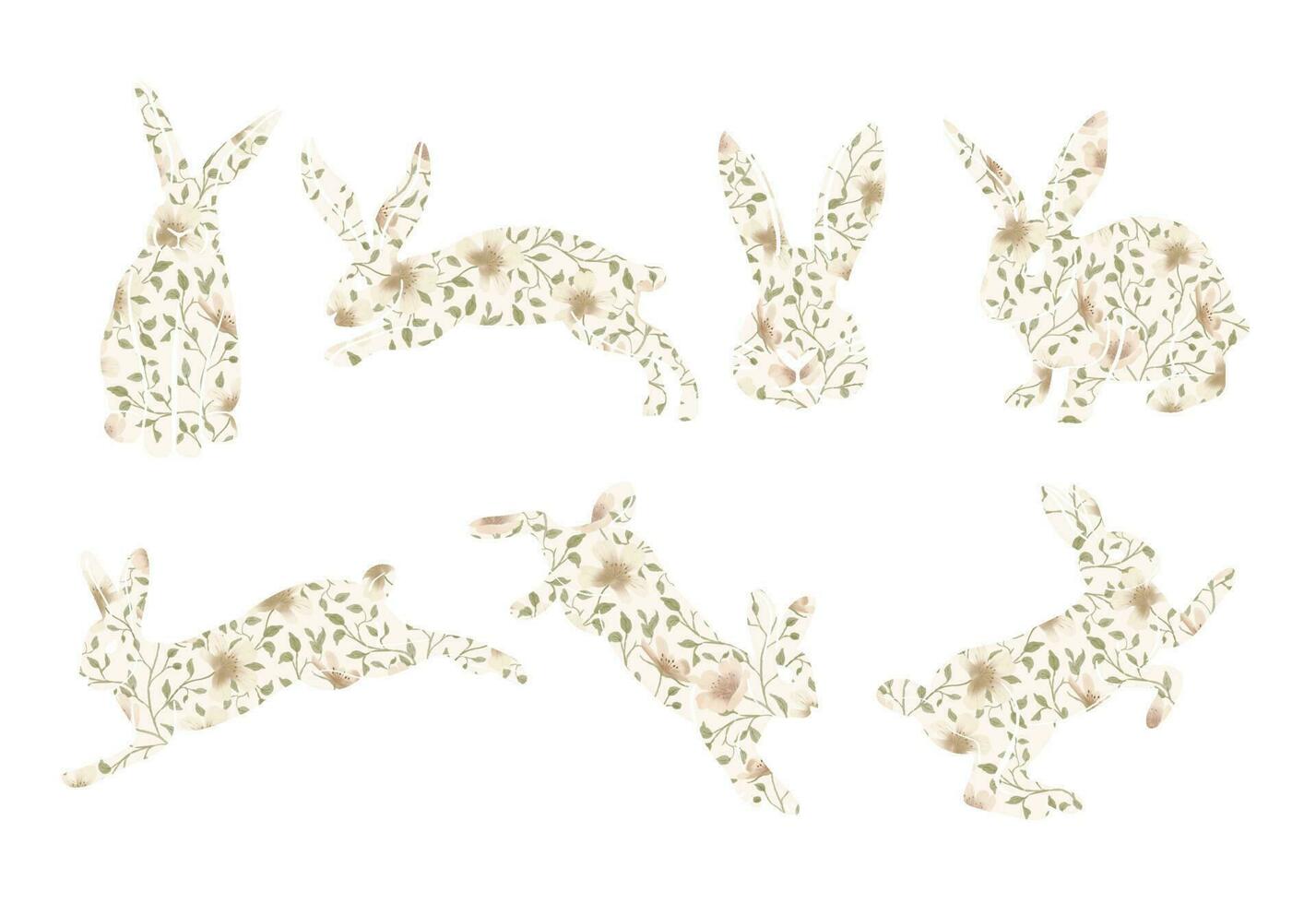 Watercolor style rabbit silhouette illustration set with spring blossom flowers. vector