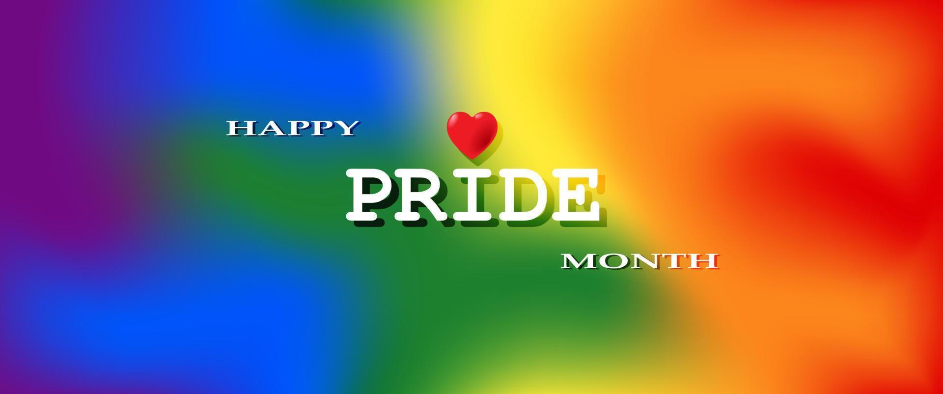 LGBTQ Pride Month. Red heart and white text Pride label on a blurred rainbow background. Banner Love is love. Human rights or diversity concept. Template LGBT event banner design. vector