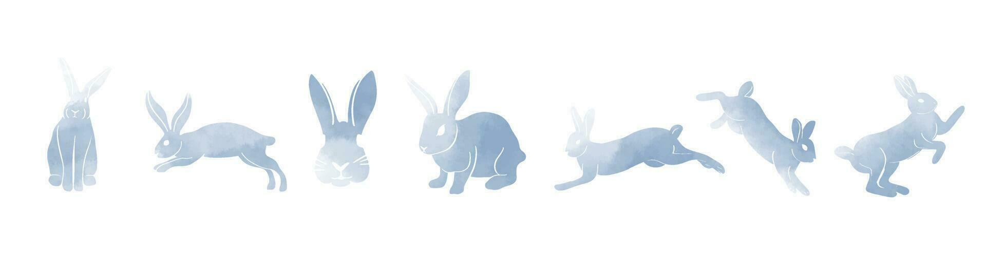 Watercolor style blue rabbit silhouette illustration set. vector
