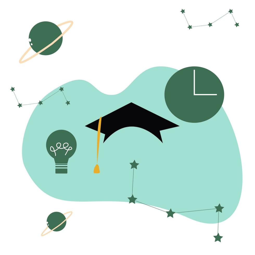 Illustration of a graduation cap, lightbulb, planet, clock and other icons vector