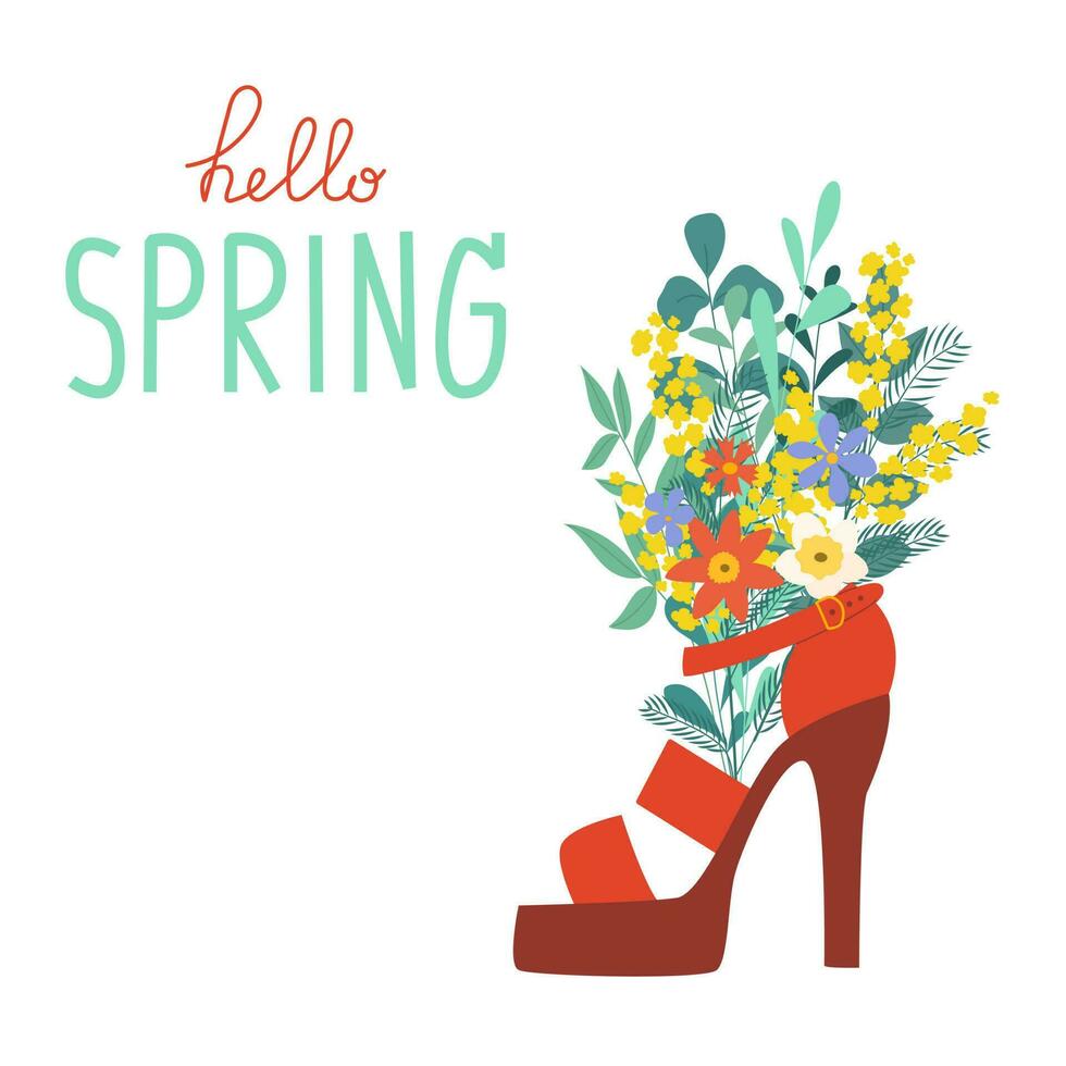 Hello Spring hand drawn vector illustration. Stiletto shoe with bouquet of flowers for greeting card, poster.