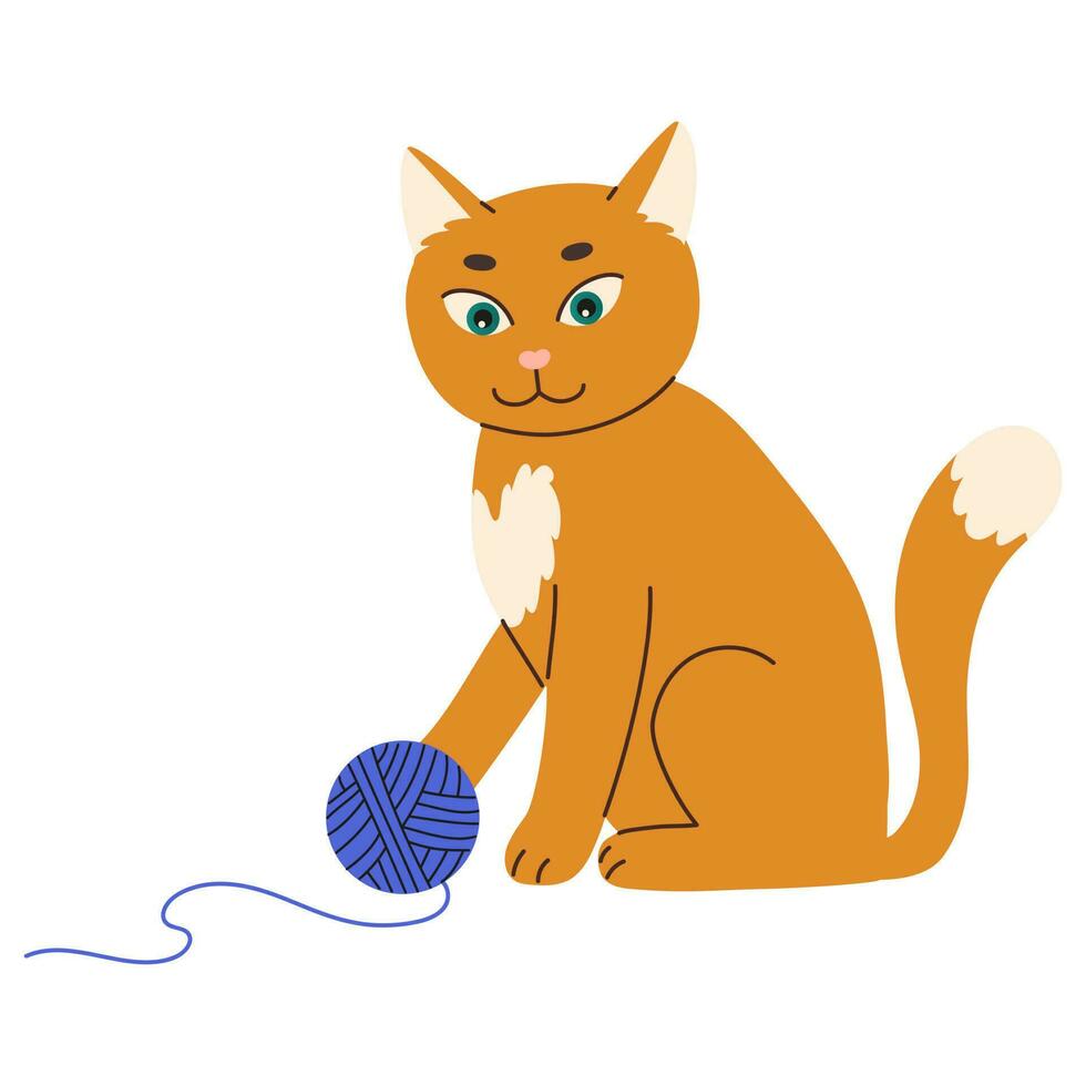 Cute ginger cat playing with a blue ball. Domestic animal flat vector illustration