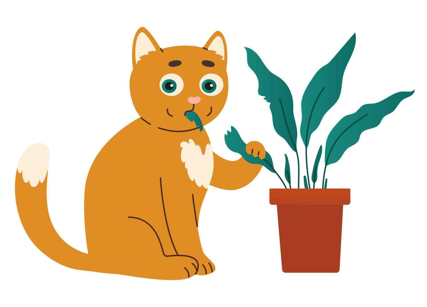 Cute ginger cat eat houseplant. Cat holds leaf in mouth. Domestic animal flat vector illustration