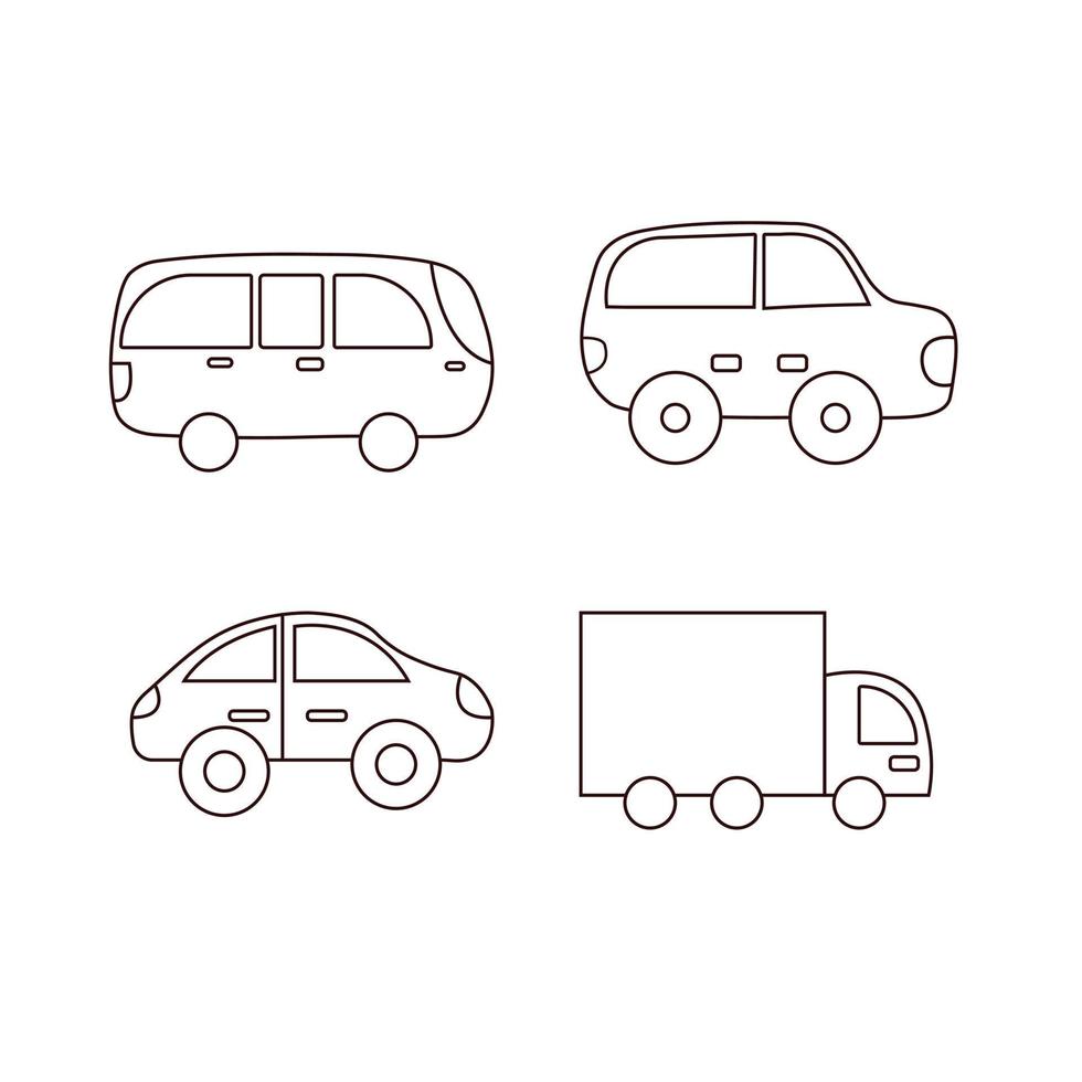 Set of line doodle cars in various kinds. Automobile taxi, truck and bus. vector