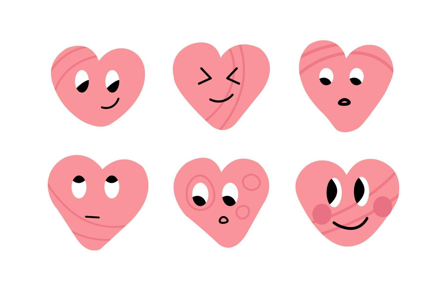 Happy pink love hearts stickers set with diverse emotions. Love expression y2 style. vector