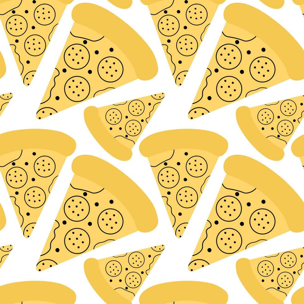 Tasty pizza doodle seamless pattern in cartoon style. Fast food concept for textile prints. vector