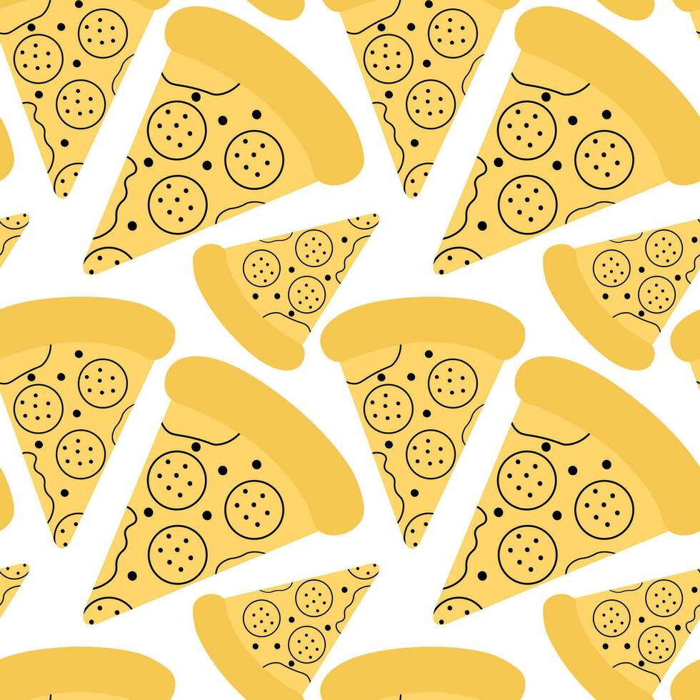 Tasty pizza doodle seamless pattern in cartoon style. Fast food concept for textile prints. vector