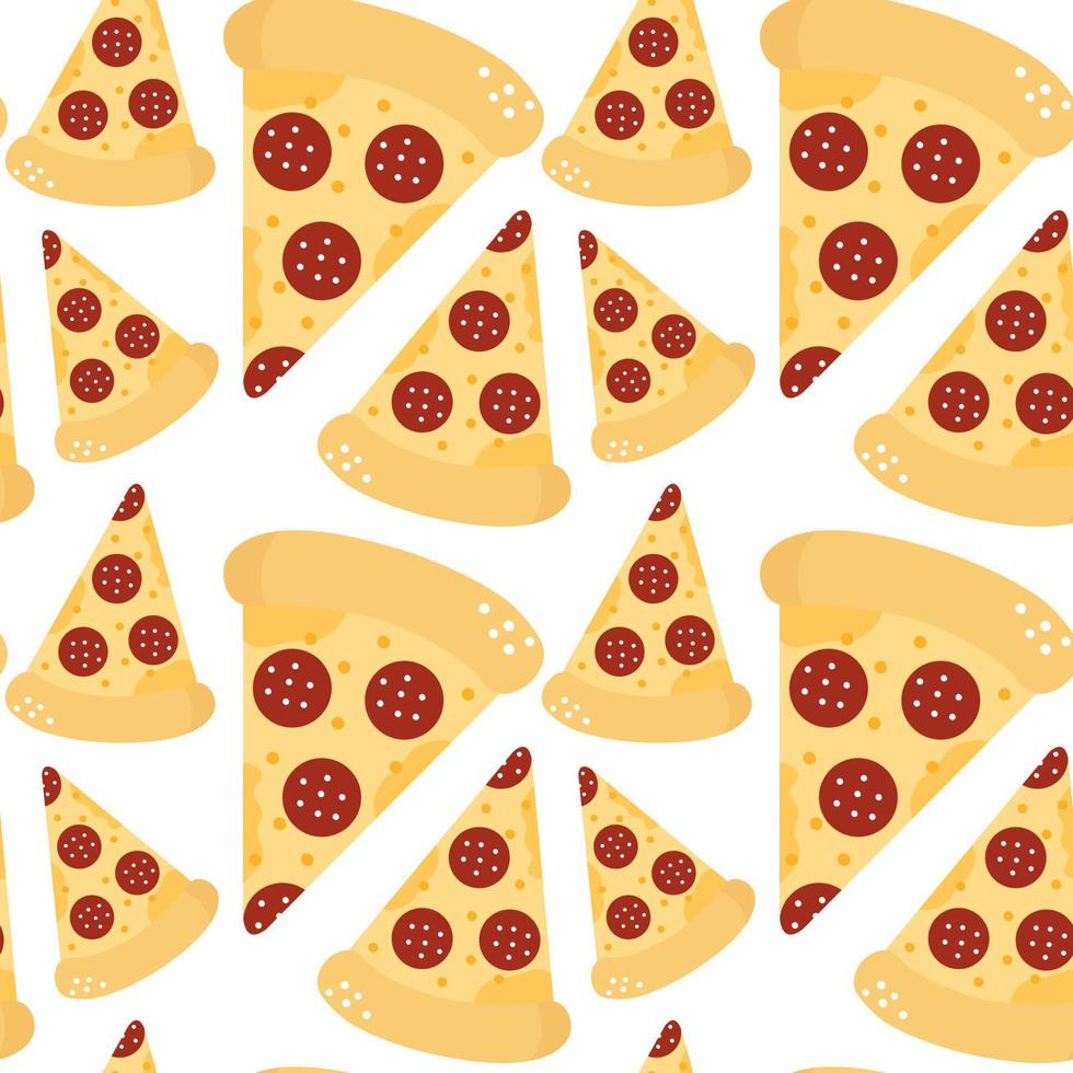 Pizza sin costura modelo en dibujos animados estilo pepperoni. rápido comida envase textura. vector