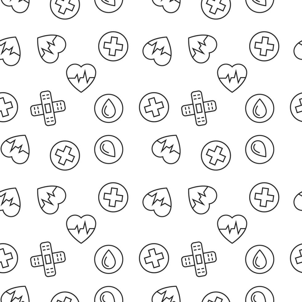 Vector seamless pattern of medical tape, cross, blood on white background. It can be used for printing on various surfaces