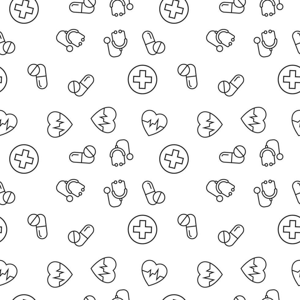 Vector seamless pattern of stethoscope, pulse, pill, medical cross on white background. It can be used for printing on various surfaces