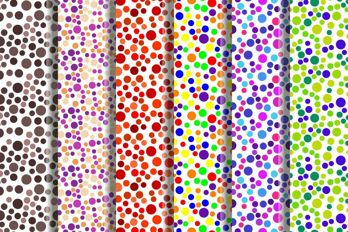 Collection of repeating seamless patterns of vivid brown, purple, red, green, multicolored bubbles for printing on various surfaces such as postcards, placards, fabric, papers, dishes etc vector