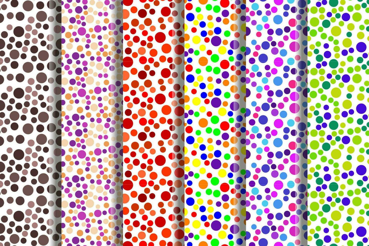 Collection of repeating seamless patterns of vivid brown, purple, red, green, multicolored bubbles for printing on various surfaces such as postcards, placards, fabric, papers, dishes etc vector