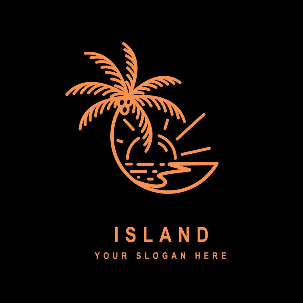 ocean wave tropical island and palm tree logo line art vector illustration template icon.