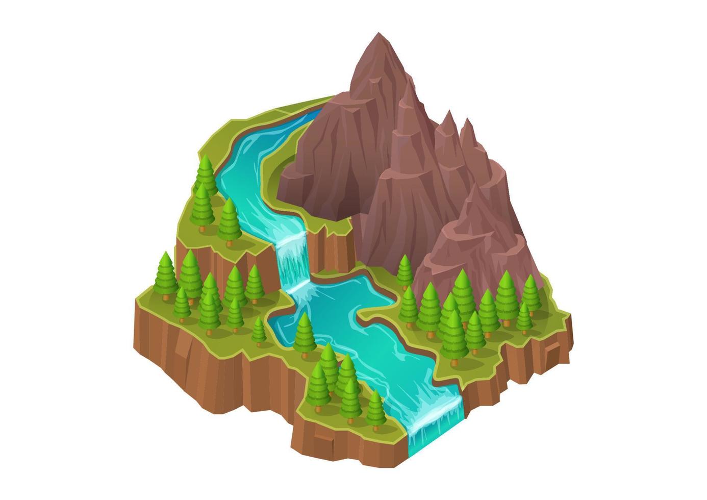 montaña con río cascada y pino bosque vector