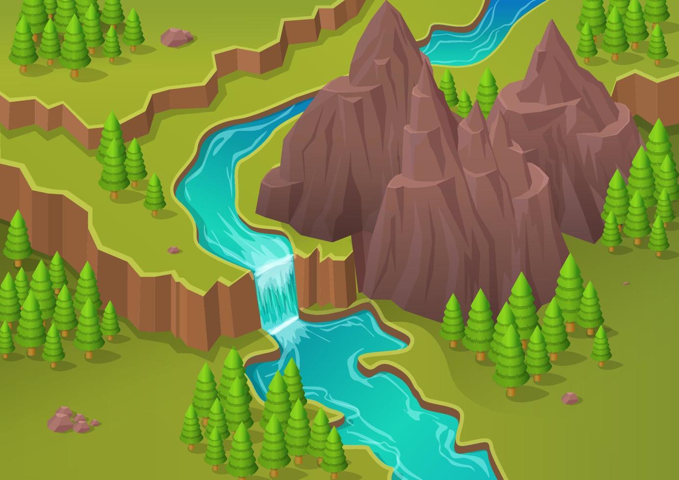 mountain with river waterfall and pine forest vector