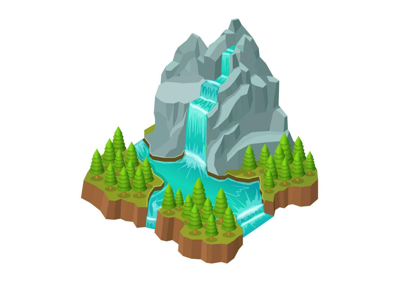 montaña con río cascada y pino bosque vector