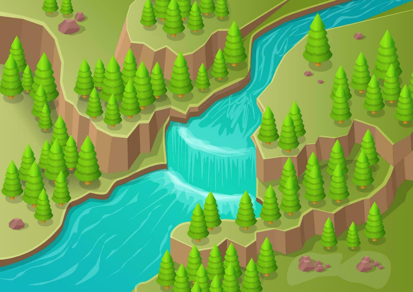 colina con río cascada y pino bosque vector