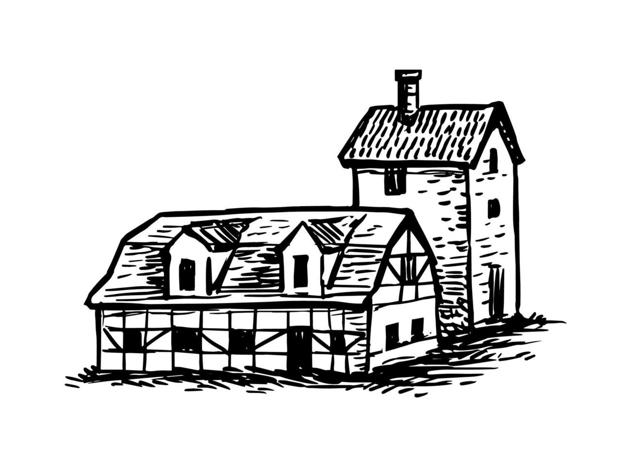 Old houses. Hand drawn ink sketch. Vintage style. vector
