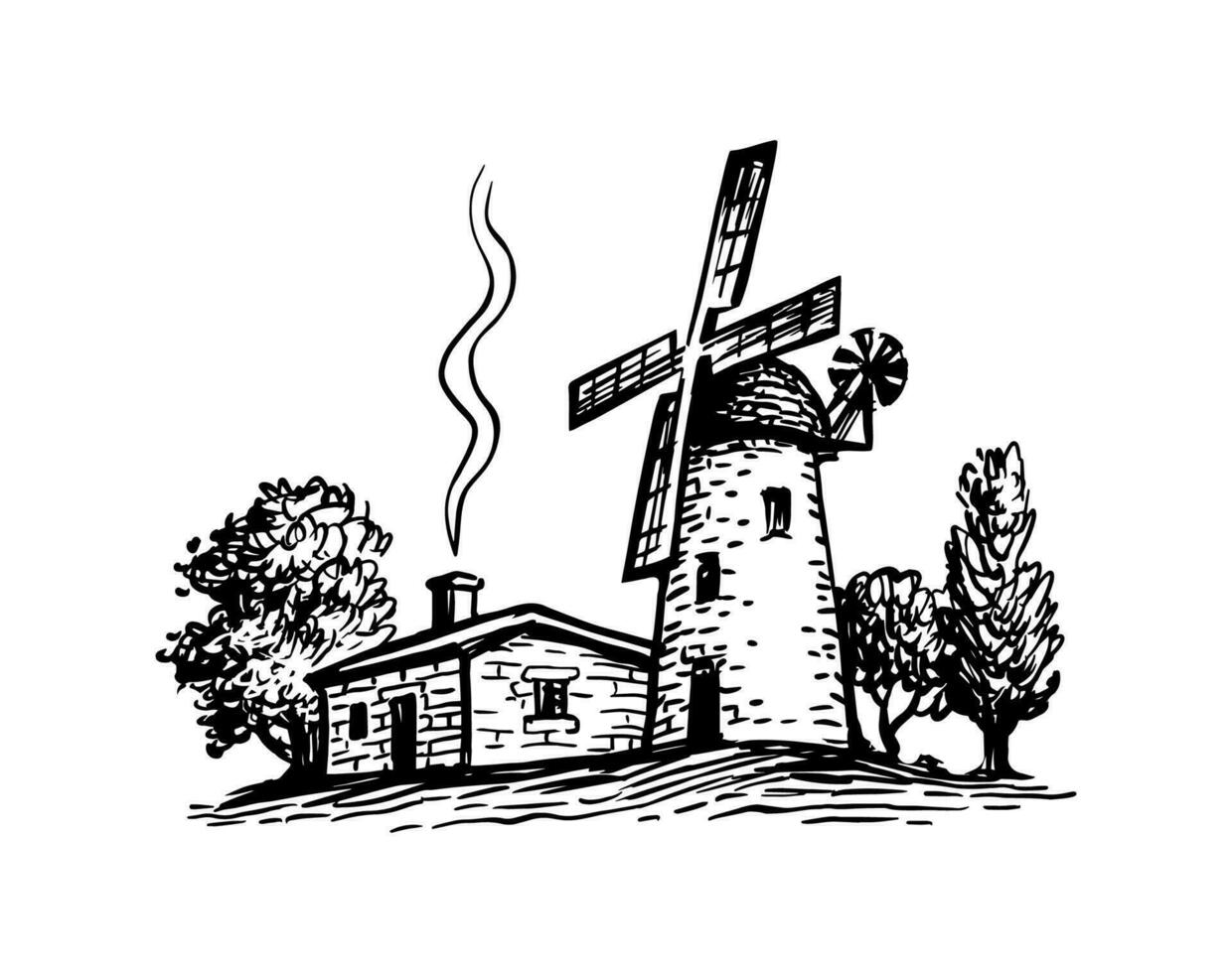 Old tower mill and house. Hand drawn ink sketch. vector