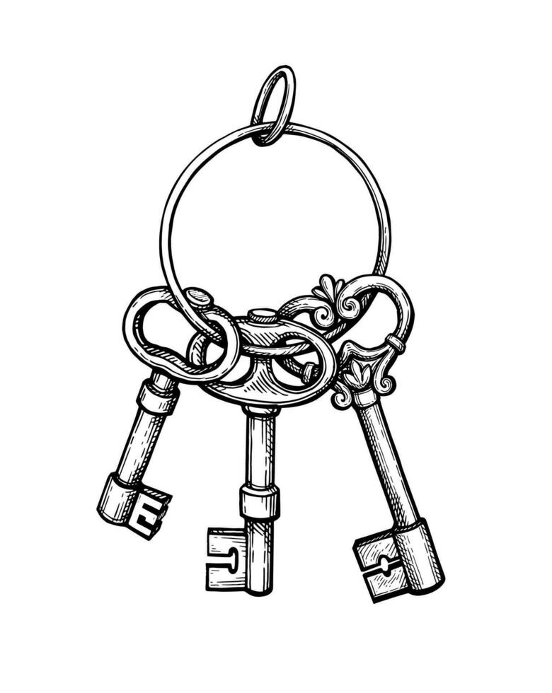 Bunch of keys. Ink sketch isolated on white background. Hand drawn vector illustration. Vintage style.
