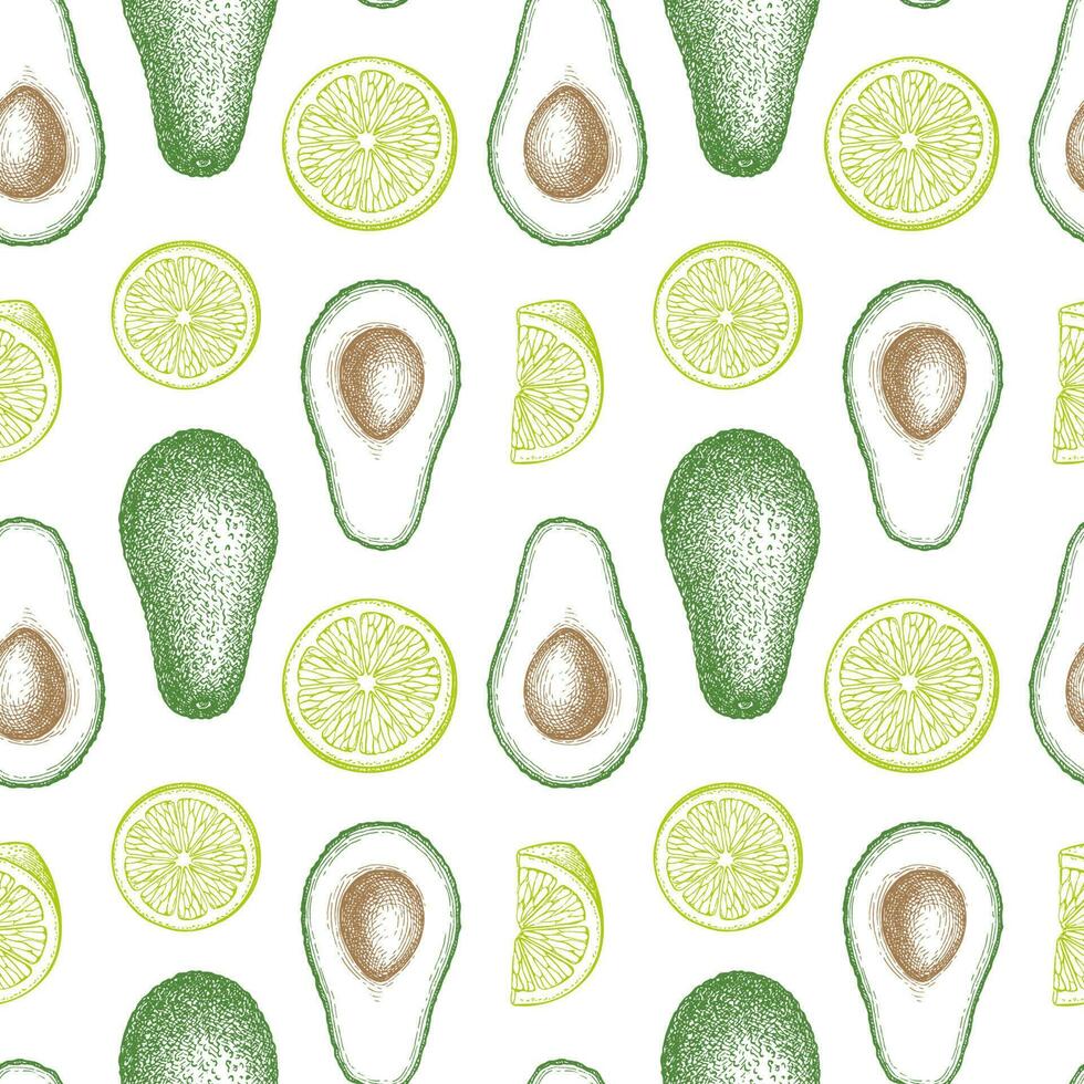 Guacamole sauce ingredients. Seamless pattern with avocado and lime. Ink sketch isolated on white background. Hand drawn vector illustration. Retro style.