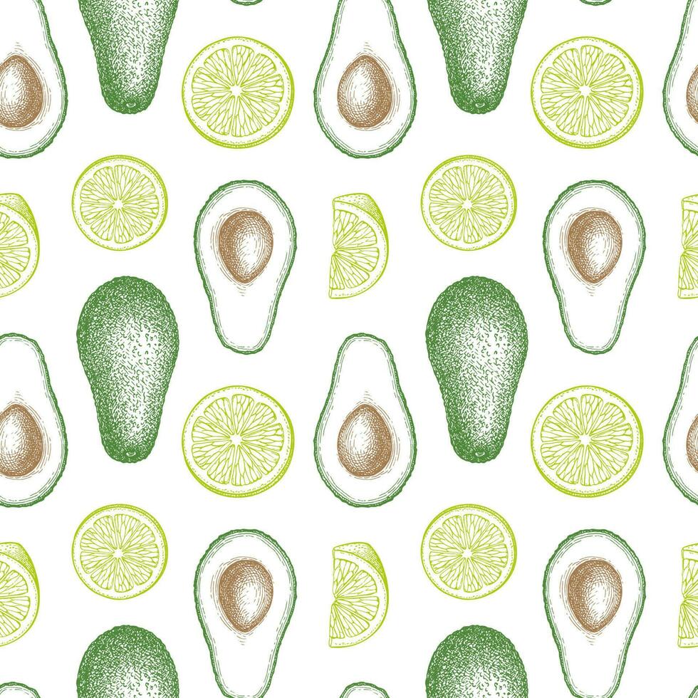 Guacamole sauce ingredients. Seamless pattern with avocado and lime. Ink sketch isolated on white background. Hand drawn vector illustration. Retro style.