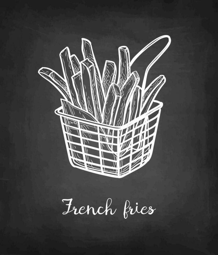 French fries. Fried potatoes. Chalk sketch on blackboard background. Hand drawn vector illustration. Retro style.