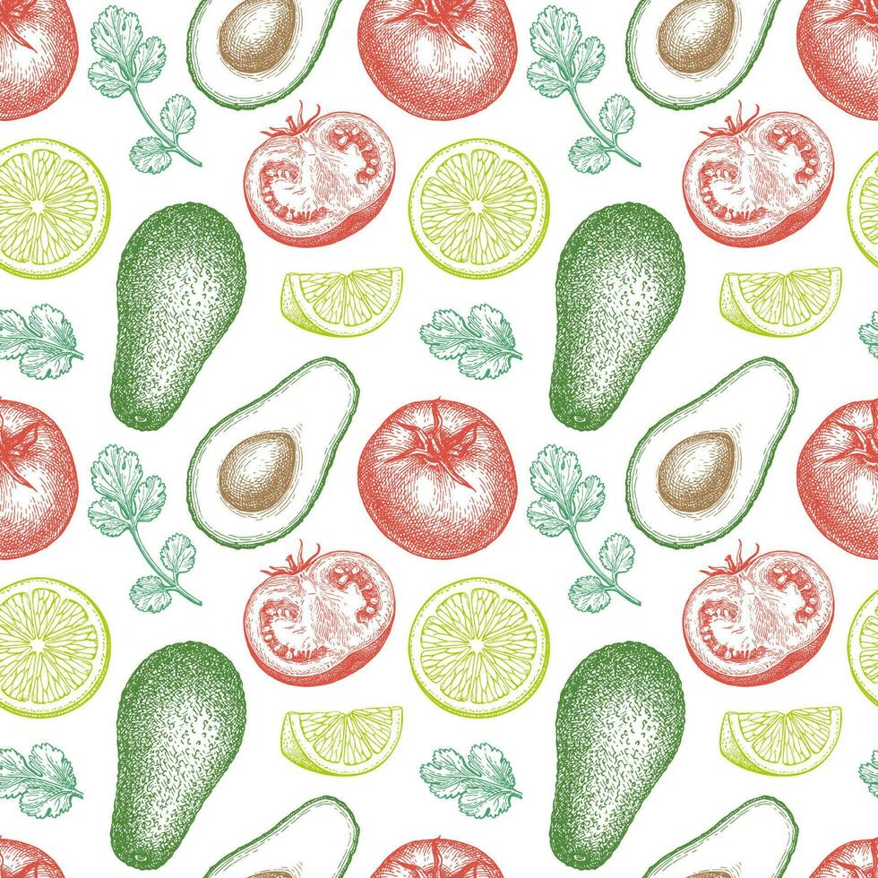 Guacamole sauce ingredients. Seamless pattern with avocado, lime and tomato. Ink sketch isolated on white background. Hand drawn vector illustration. Retro style.