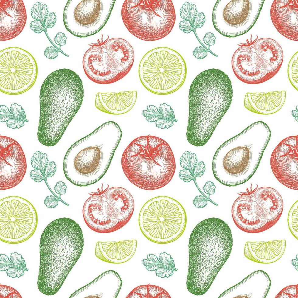 guacamole salsa ingredientes. sin costura modelo con palta, Lima y tomate. tinta bosquejo aislado en blanco antecedentes. mano dibujado vector ilustración. retro estilo.