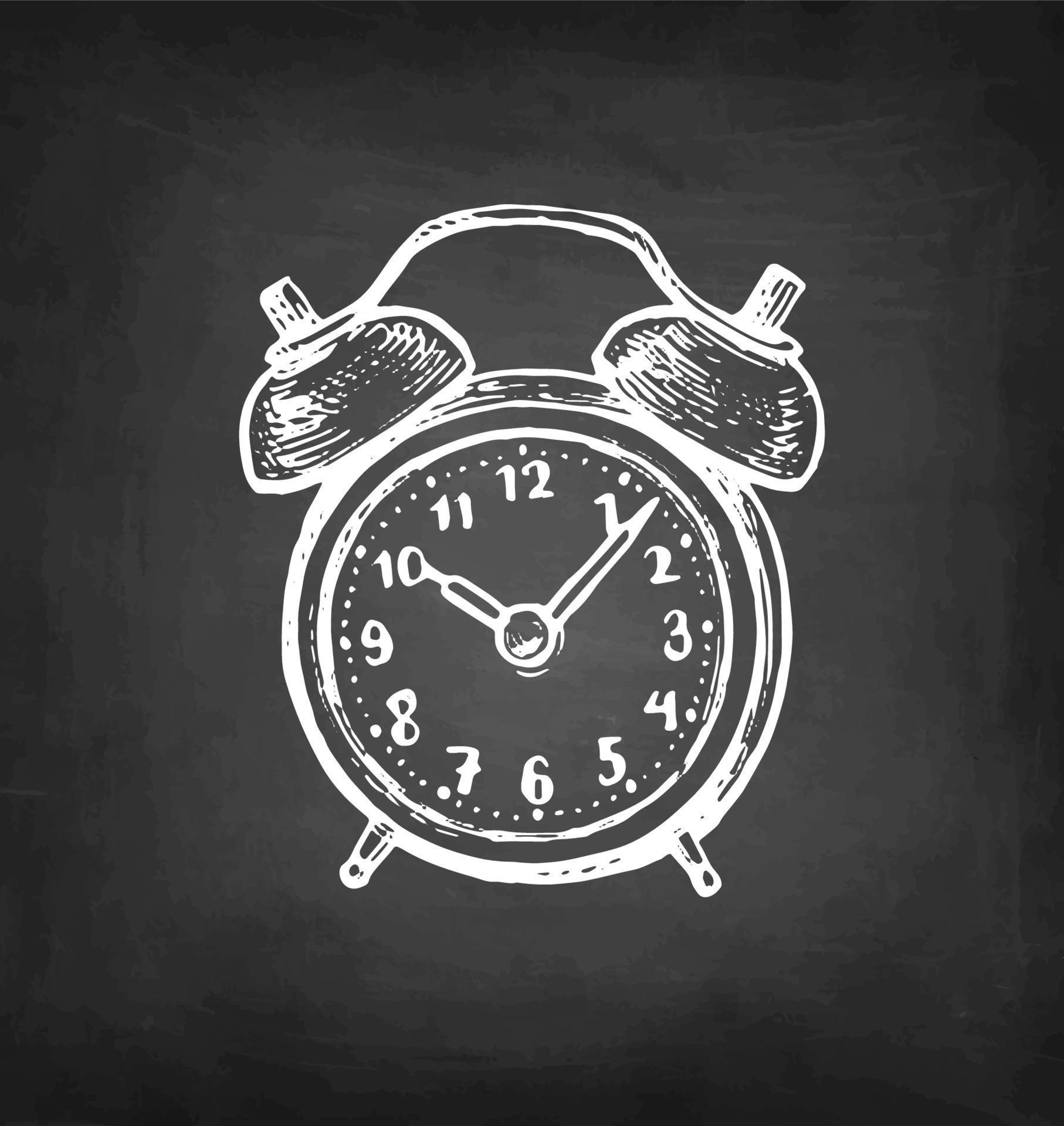 Twin bell alarm clock. Chalk sketch on blackboard background. Hand drawn vector illustration