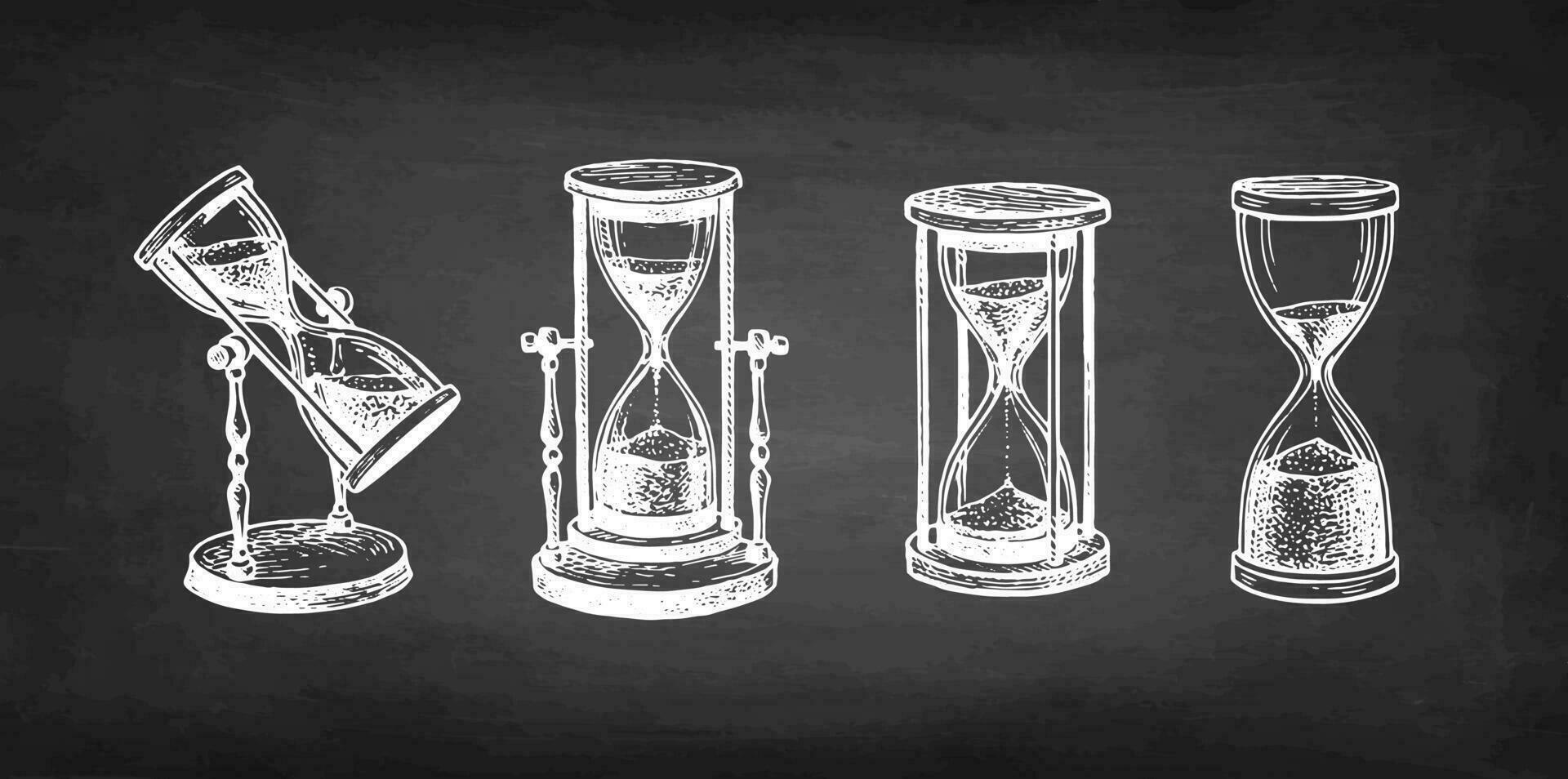 Vintage hourglass set. Antique timer. Chalk sketch on blackboard. Hand drawn vector illustration. Retro style.