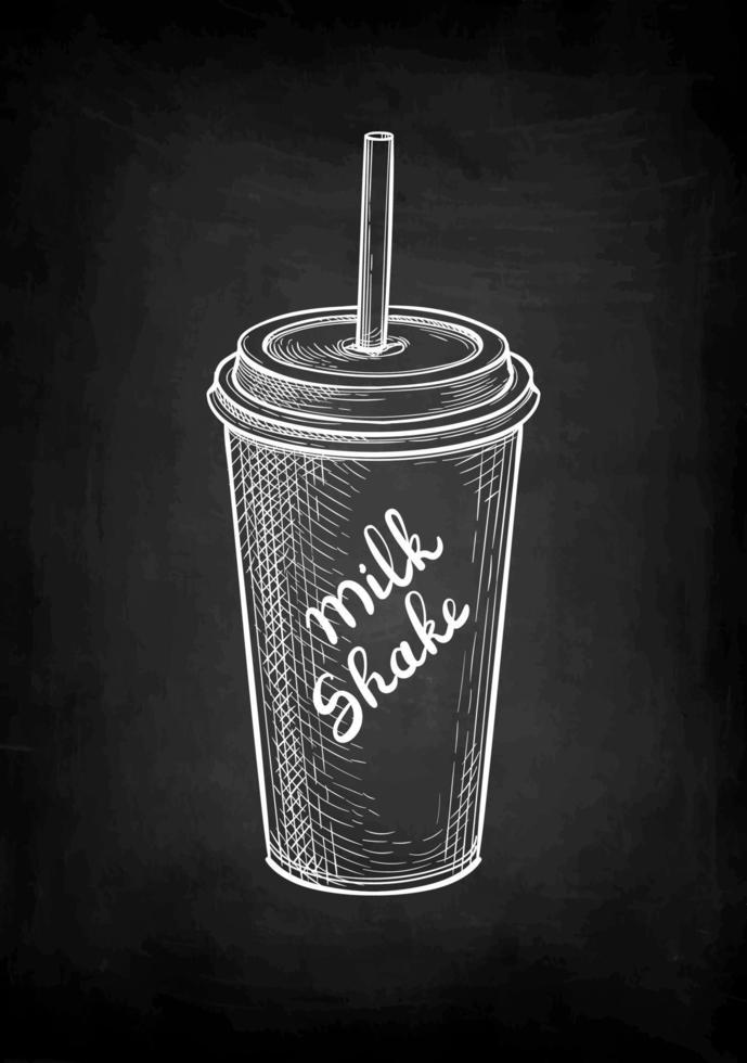 Milkshake in paper or plastic cup with lid and drinking straw. Chalk sketch on blackboard background. Hand drawn vector illustration. Retro style.