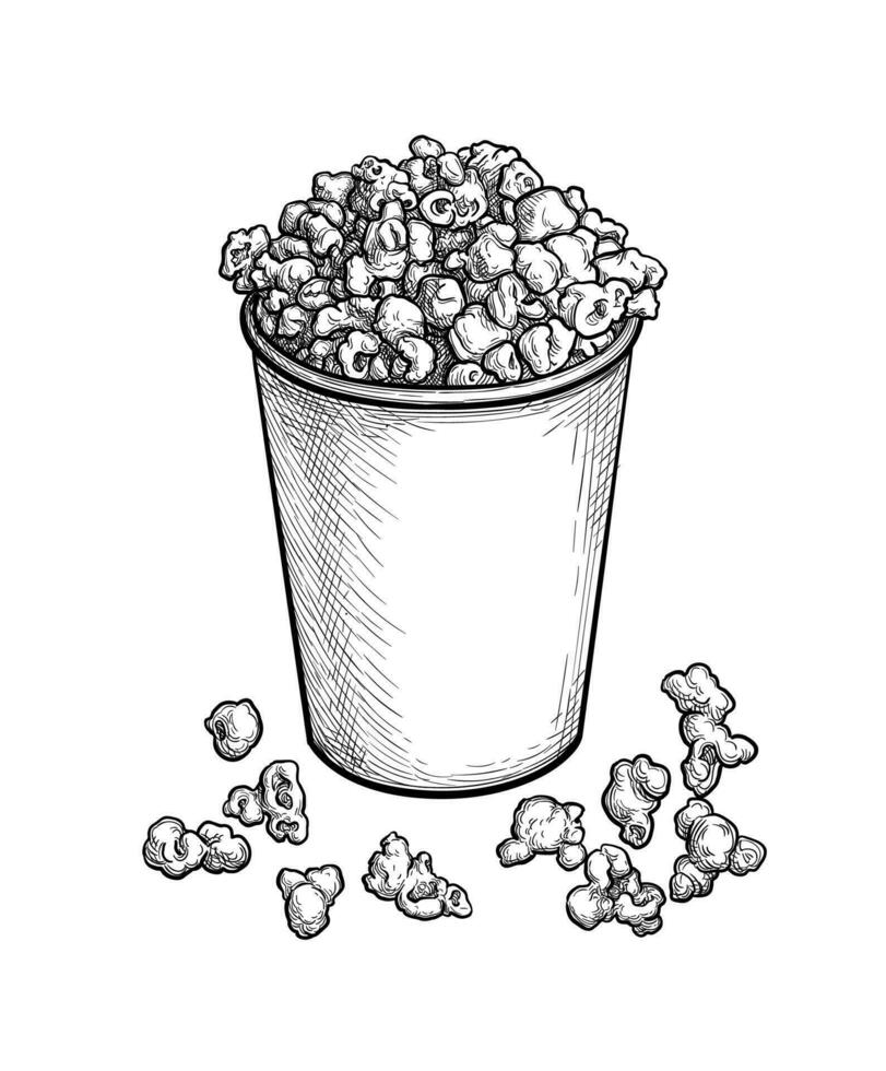 Popcorn in a cup. Ink sketch isolated on white background. Hand drawn vector illustration. Retro style.