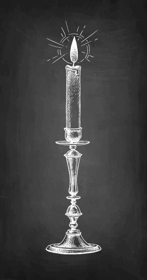 Thin candle burning in a candlestick. Chalk sketch on blackboard background. Hand drawn vector illustration. Retro style.