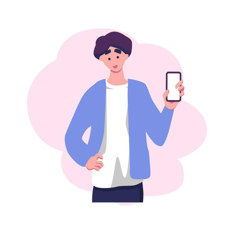 teenager boy holding smartphone illustration vector