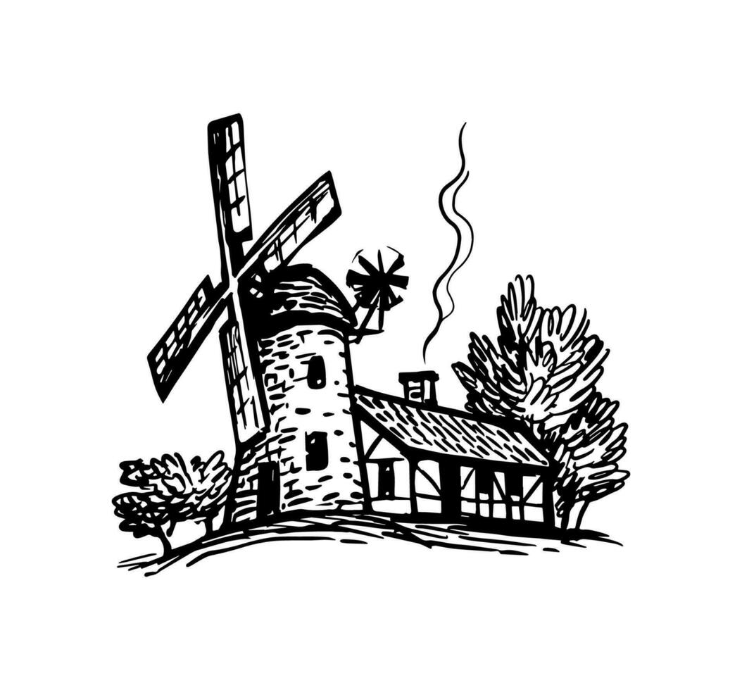 Old windmill ink sketch. Vintage style illustration. vector