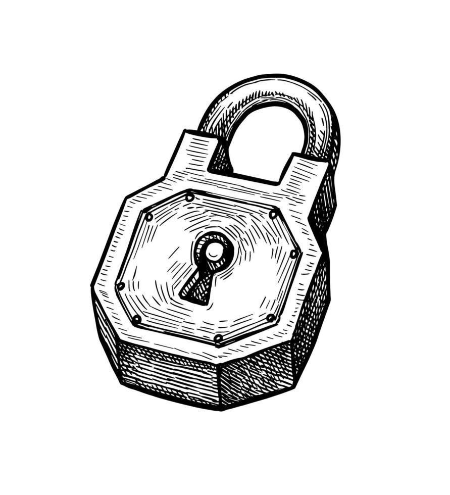 Old padlock. Ink sketch isolated on white background. Hand drawn vector illustration. Retro style.