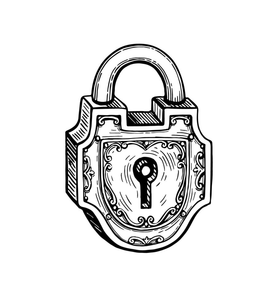 Premium Photo  Old lock and key. ink black and white drawing