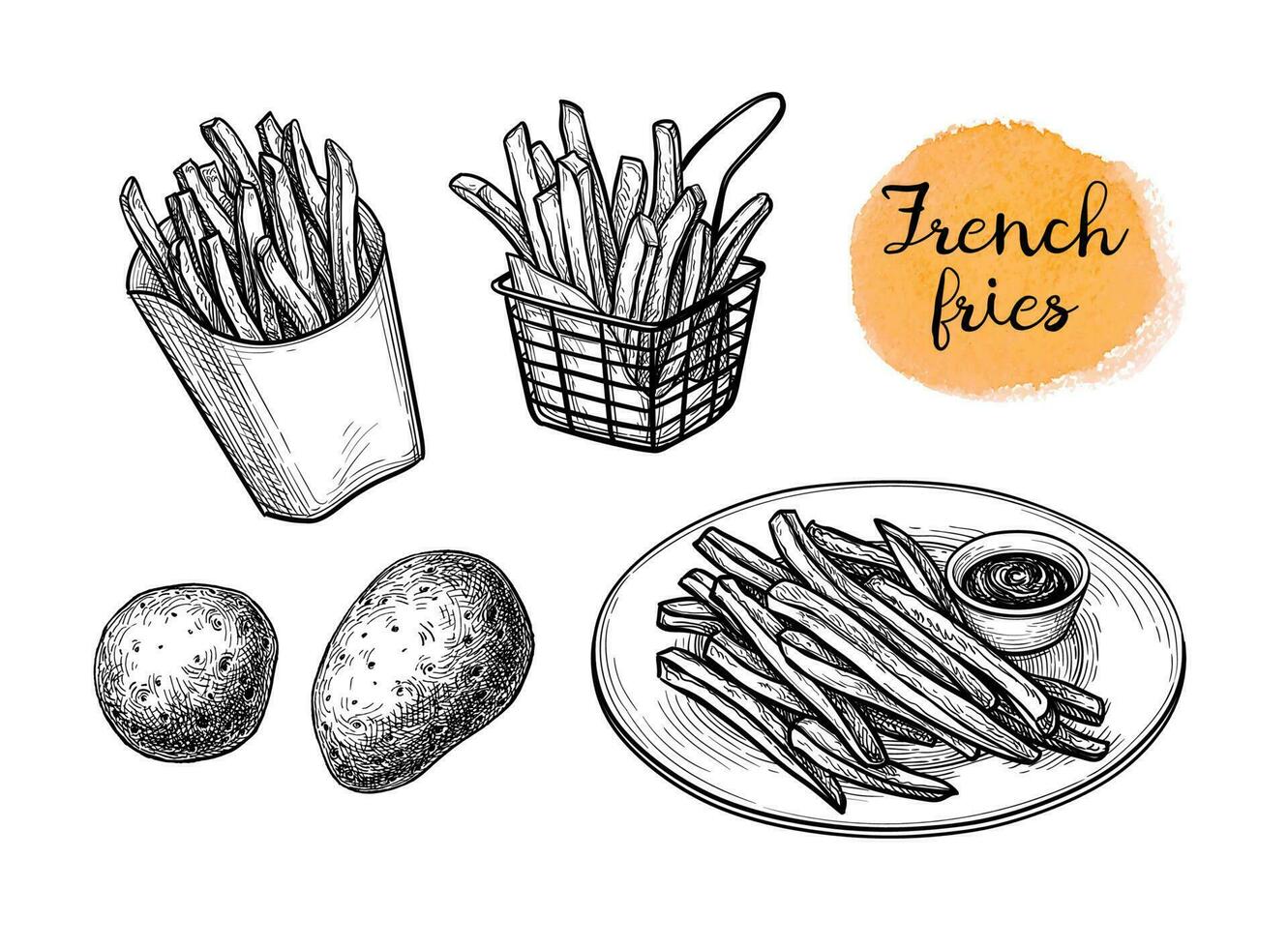 French fries. Fried potatoes. Ink sketch isolated on white background. Hand drawn vector illustration. Retro style.