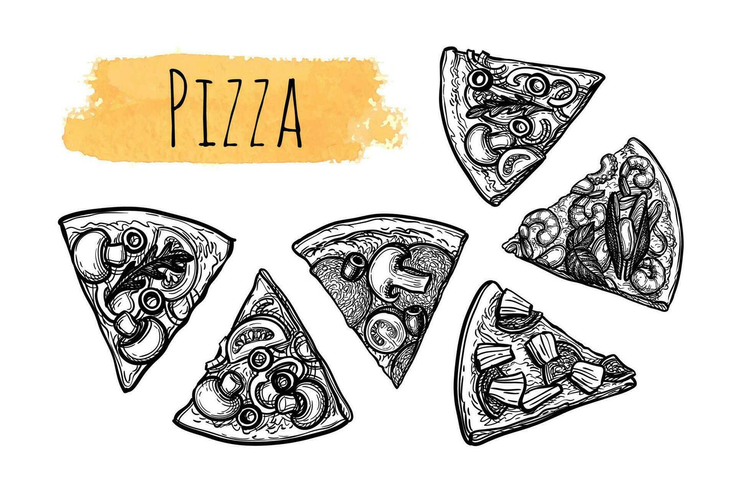 rebanadas de Pizza. grande colocar. tinta bosquejo aislado en blanco antecedentes. mano dibujado vector ilustración. retro estilo.