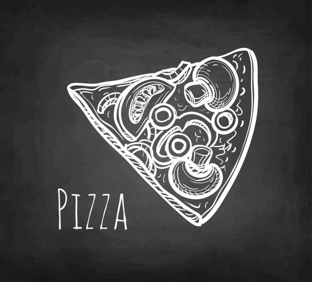 Sliced vegetarian pizza topped with mushrooms, olives and arugula. Chalk sketch on blackboard background. Hand drawn vector illustration. Retro style.