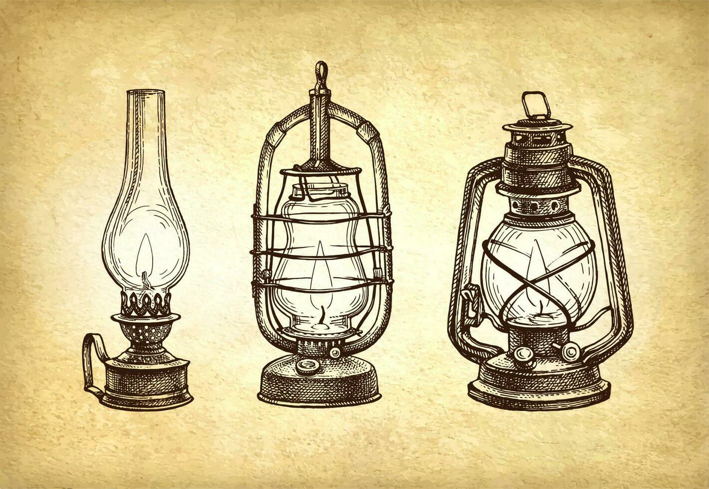 Three types of kerosene lamps. Vintage oil lanterns set. Ink sketch on old paper background. Hand drawn vector illustration. Retro style. 20673598 Vector Art at Vecteezy