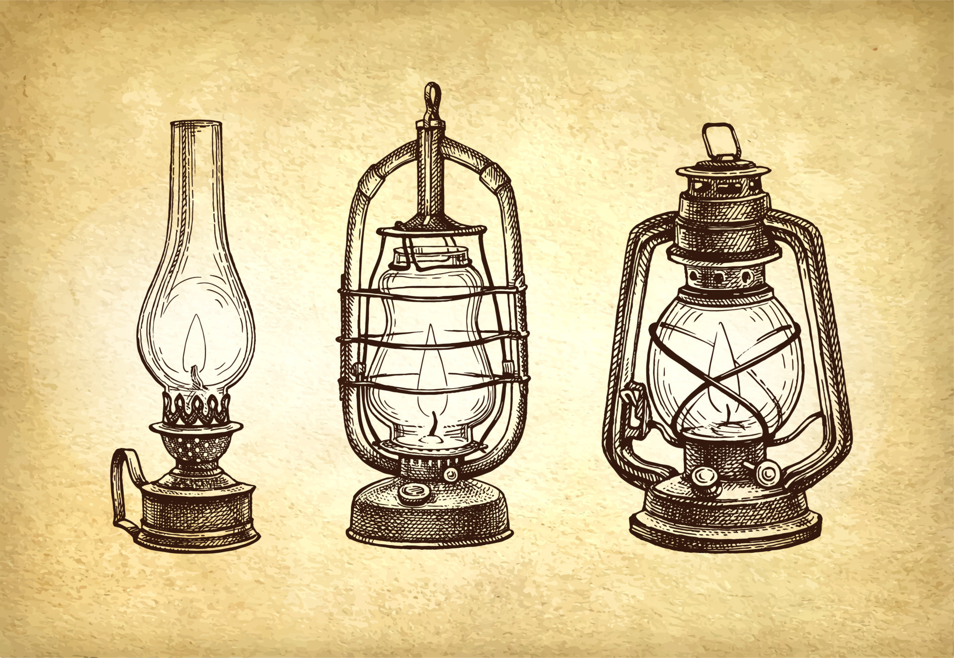 Three types of kerosene lamps. Vintage oil lanterns set. Ink