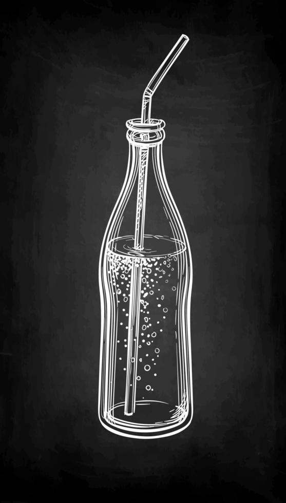 Soda bottle with drinking straw. Chalk sketch of cola on blackboard background. Hand drawn vector illustration. Retro style.