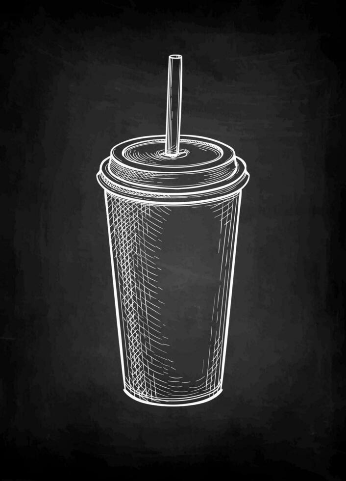 Drink in paper or plastic cup with lid and drinking straw. Milkshake or soda. Chalk sketch mockup on blackboard background. Hand drawn vector illustration. Retro style.