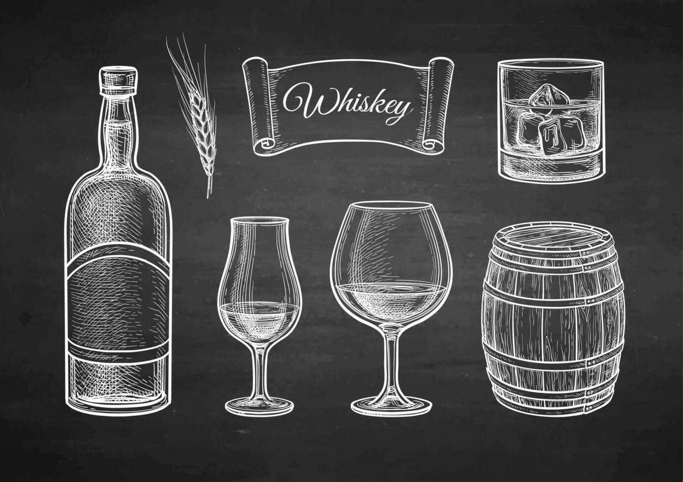 whisky colocar. tiza bosquejo en pizarra antecedentes. mano dibujado vector ilustración. retro estilo.