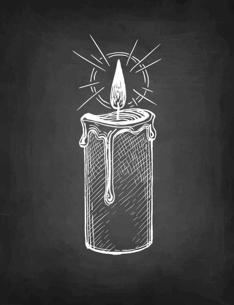 Thick candle burning. Chalk sketch on blackboard background. Hand drawn vector illustration. Retro style.
