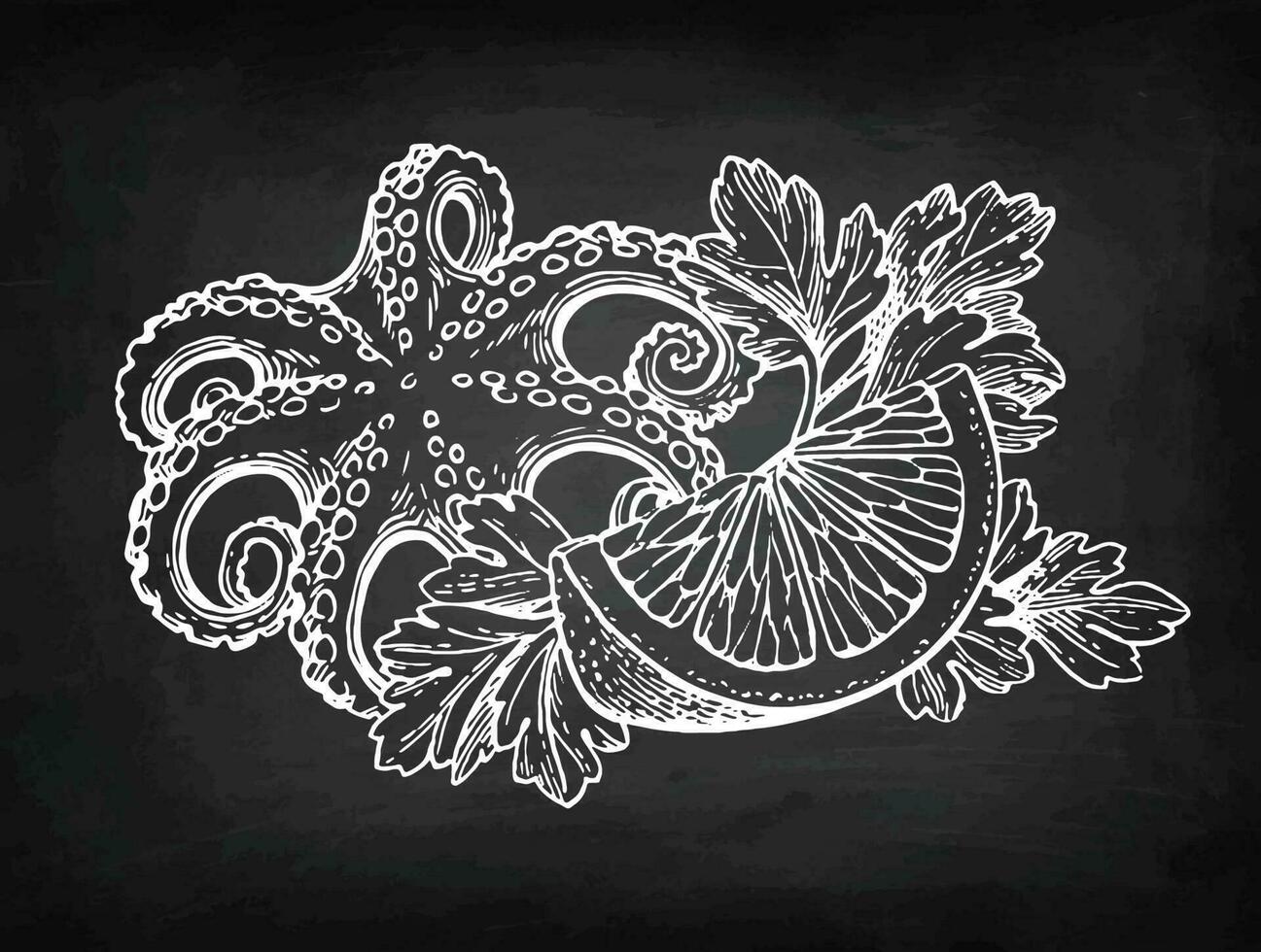 Octopus with lemon and parsley. Seafood chalk sketch on blackboard background. Hand drawn vector illustration. Retro style.