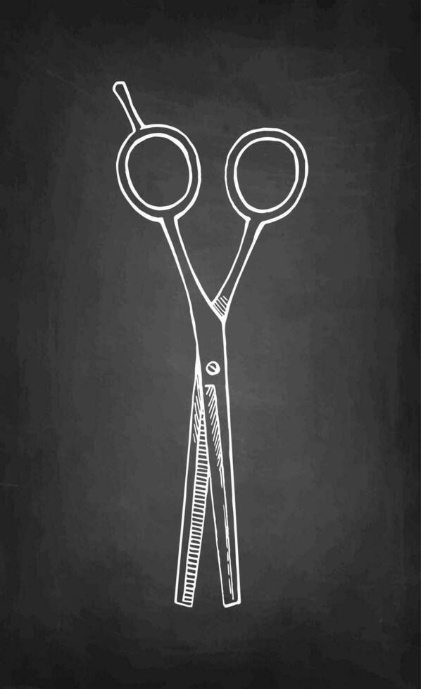 Hairdressing scissors. Chalk sketch on blackboard background. Hand drawn vector illustration. Retro style.