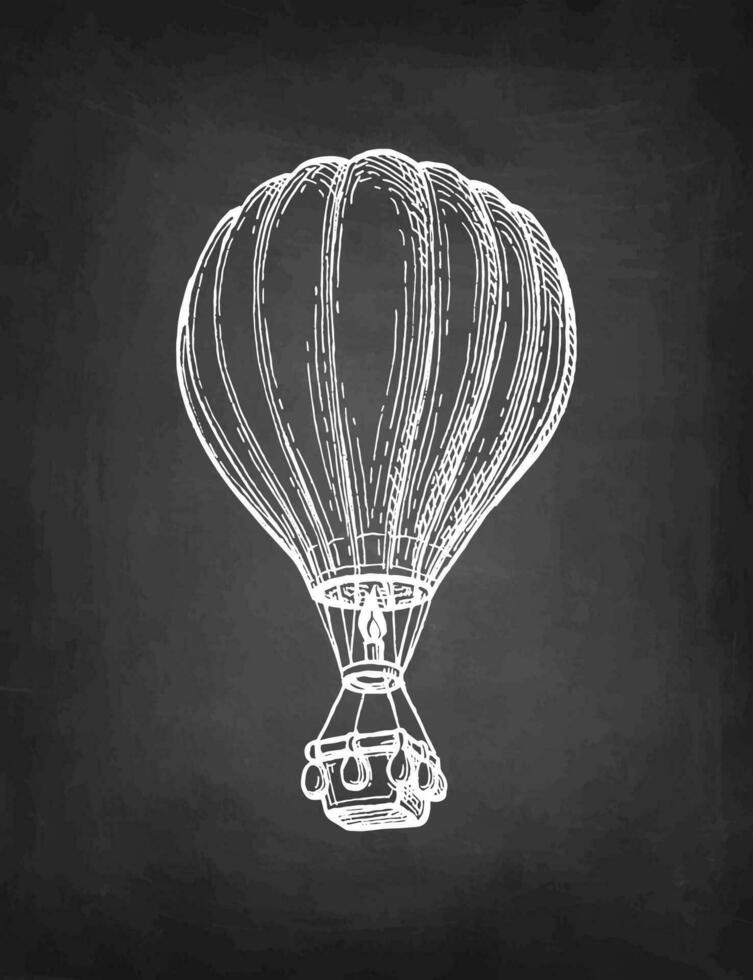 Hot air balloon. Chalk sketch of aerostat on blackboard background. Hand drawn vector illustration. Retro style.